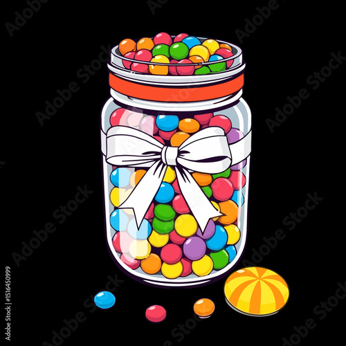 Candy Jar Delight: A glass jar overflows with a colorful array of candies and a cheerful lollipop, artfully composed against a dark background, invoking a sense of childlike wonder.