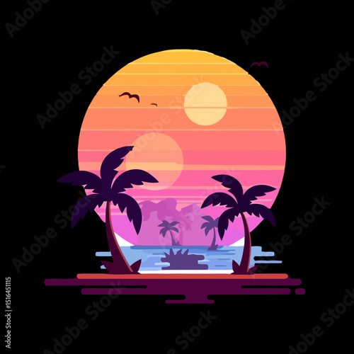Sunset Paradise: A stylized depiction of a serene tropical scene, with swaying palm trees silhouetted against a gradient sunset.