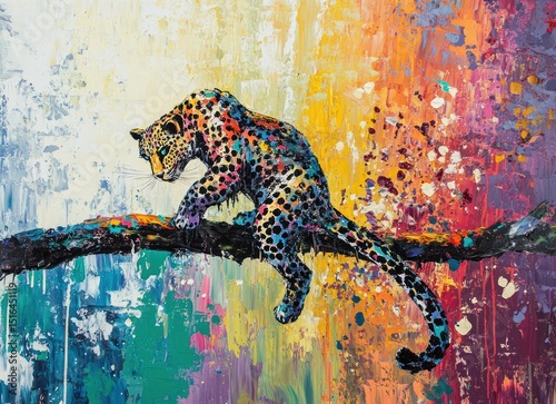 Vivid painted leopard on a branch, abstract background with colorful splashes