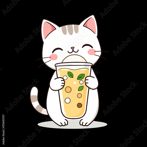 Cute Cat's Refreshing Sip: A charming cartoon cat enjoys a cool, refreshing beverage, a delightful illustration capturing the playful joy of a sunny day