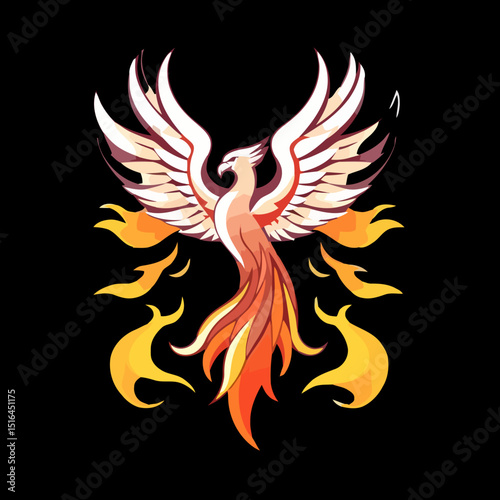 Phoenix Rising: An artistic depiction of a phoenix, its fiery plumage ablaze with vibrant colors against a black background, symbolizing rebirth and resilience.