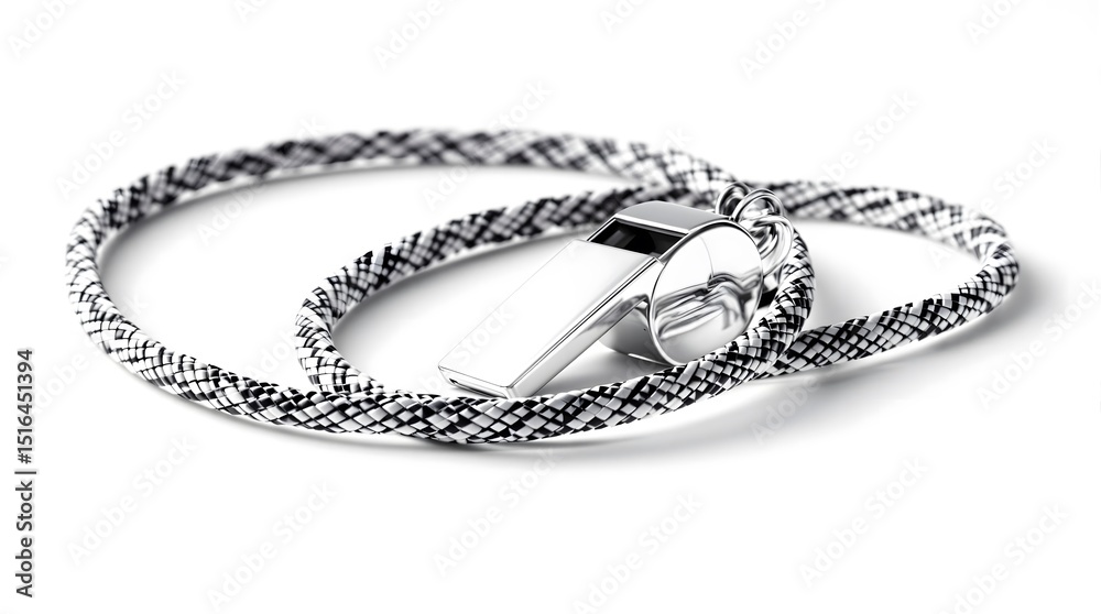 Fototapeta premium Shiny silver whistle with black and white patterned lanyard on a white background
