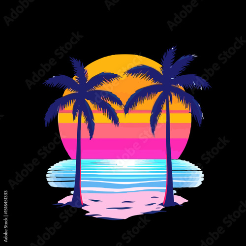 Tropical Sunset: A vibrant, picturesque sunset paints the sky with warm hues, as silhouettes of palm trees stand serene against the horizon. The scene evokes tranquility.