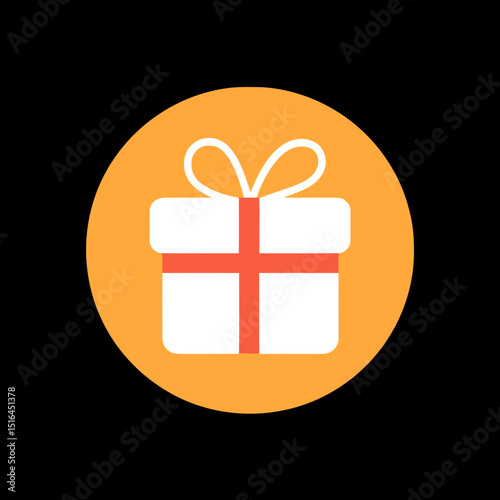 Gift Icon in Circle: A simple yet elegant gift icon, featuring a white gift box with a red ribbon, is presented in a vibrant orange circle. Perfect for websites, apps.