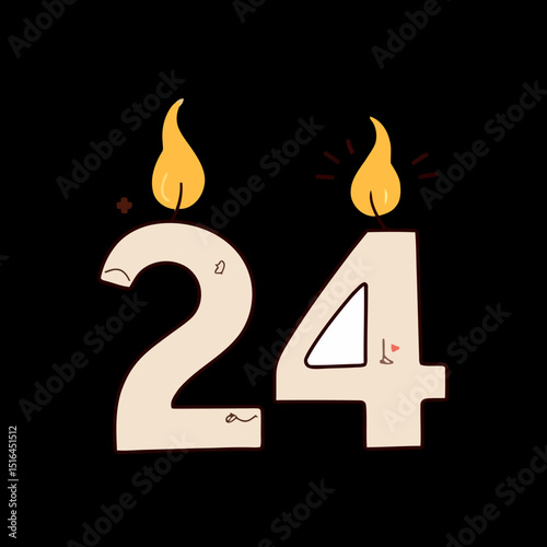 Birthday Candles 24: Cute illustration of two burning birthday candles forming the number 24, perfect for birthday celebrations and invitations.