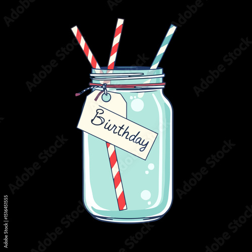 Festive Drink Delight: A charming, illustrated mason jar brimming with a refreshing drink, adorned with a "Birthday" tag, promises a celebratory occasion.
