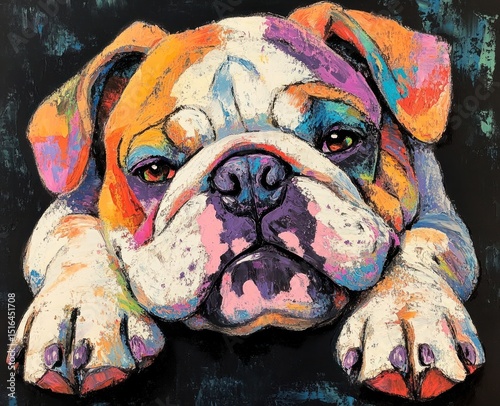 Colorful painting of an English bulldog's face and paws, with a textured, expressive style