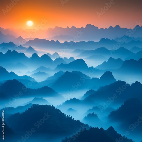 Majestic mountain ranges under a vibrant orange and blue sky
