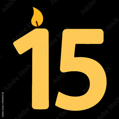 Fifteenth Birthday Celebration: Capturing the essence of a milestone birthday. The number fifteen is represented by a lit candle flame. A symbol of joy and remembrance.