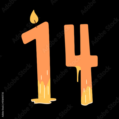 Burning Candle Number 14: A stylized illustration depicting a burning candle shaped in the form of number 14, illuminated with vibrant flames and molten wax.