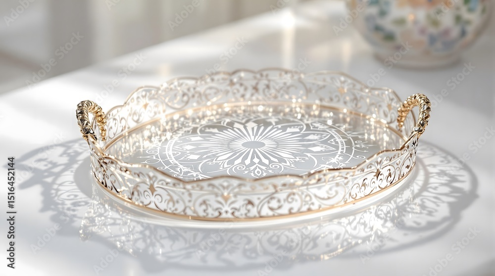 Obraz premium Elegant decorative serving tray with intricate filigree design and ornamental pattern on white surface
