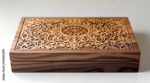 Intricate carved wooden box featuring ornamental floral patterns and detailed craftsmanship