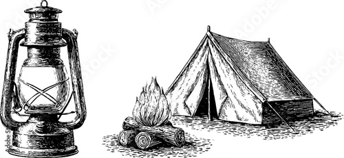 Vintage camping scene with engraved lantern and tent for outdoor adventure theme