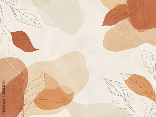 Autumn Leaves Line Art Background, Modern Fall Illustration with Simple Graphic Leafs