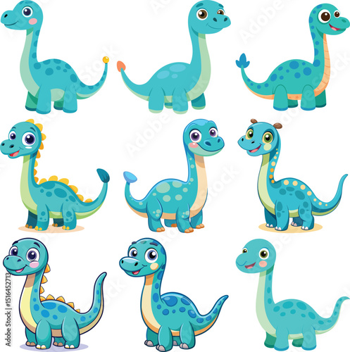 Cartoon Turquoise Brachiosaurus Dinosaurs with Spots and Spikes Collection Isolated on White