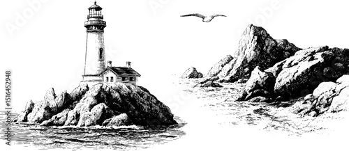 Engraved illustration of lighthouse and rocky coastline for nautical design