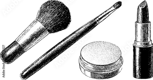 Vintage beauty collection: engraved makeup brushes and lipstick art design