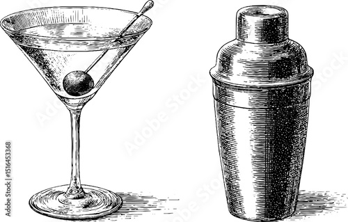 Vintage engraved martini set with cocktail glass and shaker for classic bar design