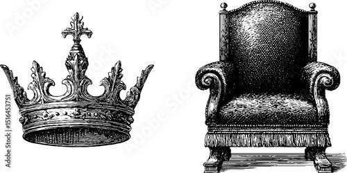 Engraved set of medieval crown and throne chair for historical design