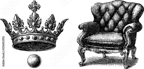 Medieval crown and vintage armchair engraving for historical and artistic projects