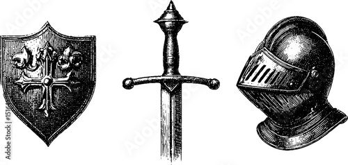Intricate medieval weaponry and armor engravings for historical designs