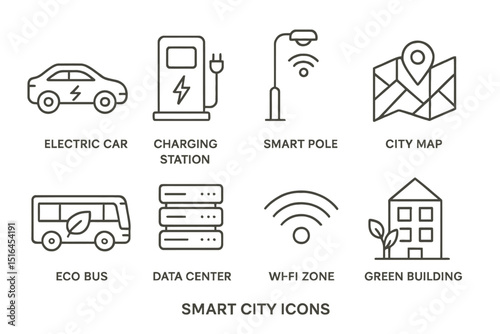 Smart city icons: eco car, charging station, wi-fi, green building, data center