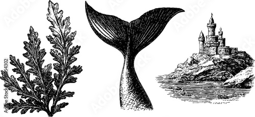 Enchanted ocean scene with mermaid tail, seaweed, and castle illustration