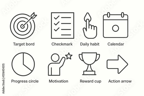 Goal setting icons: target, checklist, habits, calendar, progress, motivation, trophy, arrow