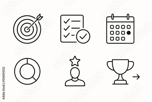 Business icons: target, checklist, calendar, chart, person, trophy
