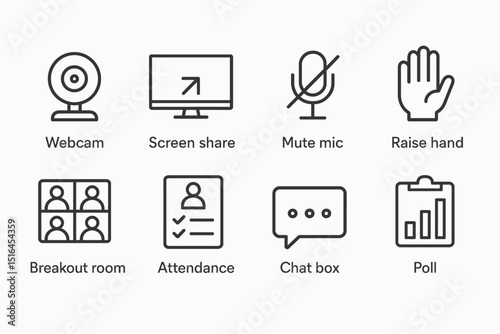 Video conference icons: webcam, screen share, mute mic, raise hand, breakout room, attendance, chat box, poll