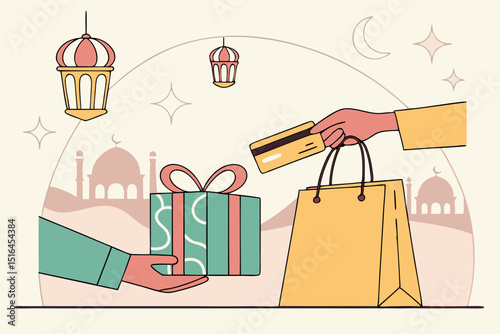 Vector illustration of gift exchange and online shopping during Eid season
