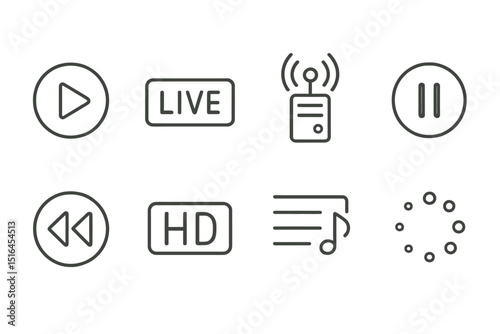 Minimalistic media icon set including play, live, pause, and hd symbols on green background