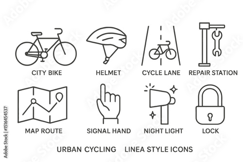 Urban cycling linea style icons: bike, helmet, cycle lane, repair station, map