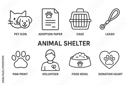 Animal shelter icons: pet, adoption, cage, leash, volunteer