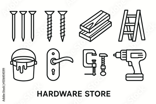 Hardware store icons: nails, screws, lumber, ladder, paint, handle, clamp, drill