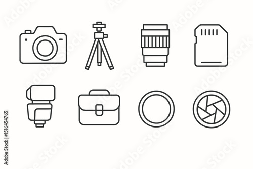 Photography equipment icons: camera, lens, tripod, memory card, flash, bag, filter, aperture