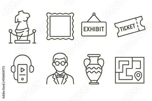 Museum icon set featuring sculpture, exhibit, ticket, and maze