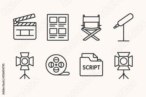Film industry icons: clapperboard, script, director's chair, reel, microphone, and more