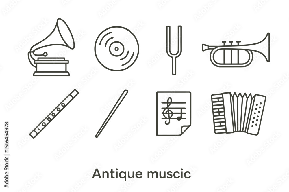Fototapeta premium Antique music icons: gramophone, trumpet, flute, accordion, tuning fork, sheet music