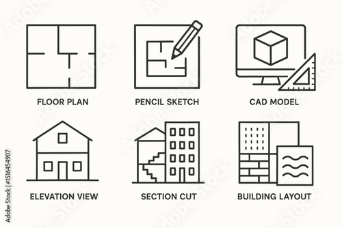 Architectural design icons: floor plan, pencil sketch, cad model, elevation, section, building layout