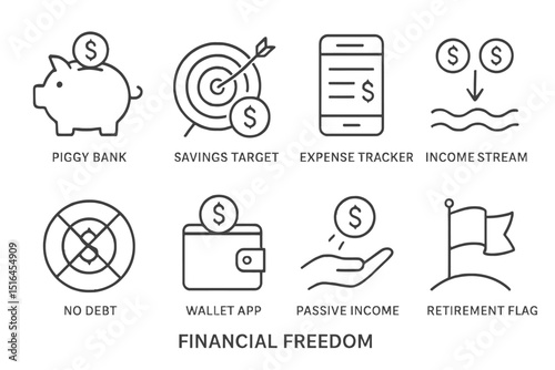 Financial freedom icons: piggy bank, savings target, wallet app, passive income, retirement flag