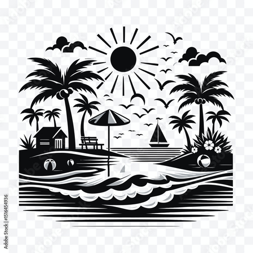 Tropical Getaway Illustration: An illustration showing a serene scene of an idyllic island with palm trees, sunshine, and a sailboat, evokes a sense of wanderlust and tranquility.