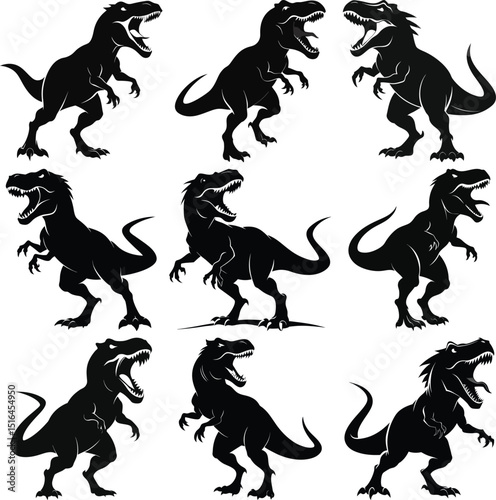 Roaring Tyrannosaurus Rex Silhouettes Prehistoric Predators in Black and White Set