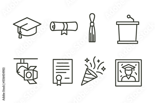 Graduation icons set featuring cap diploma and celebration elements