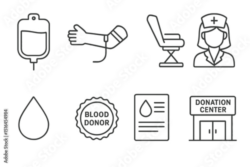 Blood donation icons set featuring nurse and donation center with blood bag and donor badge
