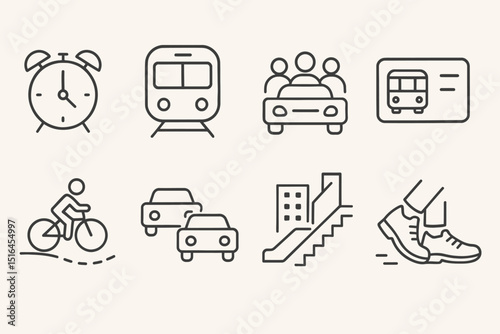 Simple transportation icons: alarm, train, carpool, bus pass, cycling, traffic, stairs, walking
