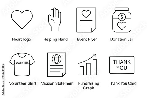 Charity icons set: heart, helping hand, donation jar, volunteer elements