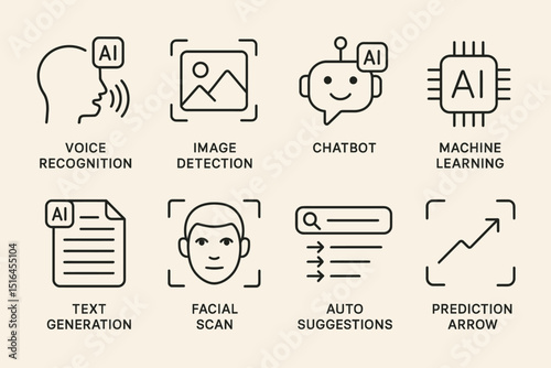 Ai icons illustrating technology concepts: voice, image, chatbot, facial recognition, machine learning