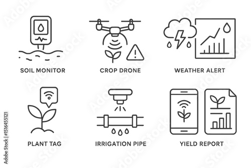Smart farming technology icons for agriculture innovation and efficiency