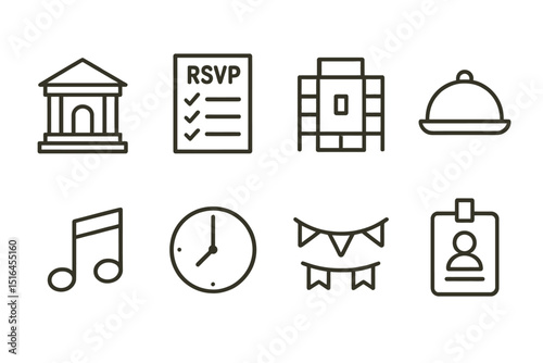 Event planning icons: building, rsvp, auditorium, catering, music, time, decoration, badge